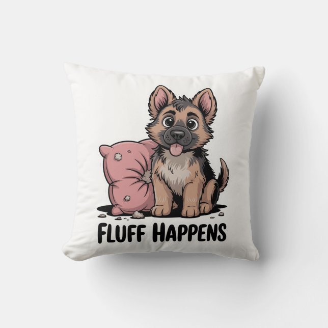 Cute German Shepherd Puppy "Fluff Happens" Dog Cushion (Front)