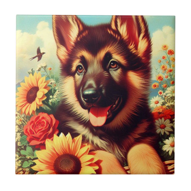Cute German Shepherd Puppy Painting Ceramic Tile (Front)