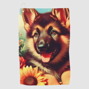 Cute German Shepherd Puppy Painting Golf Towel