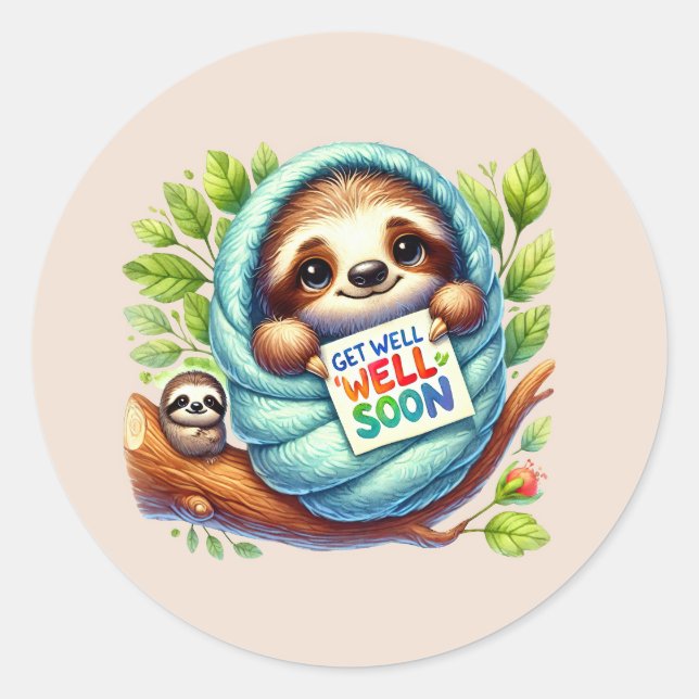 Cute get well soon sloth classic round sticker (Front)