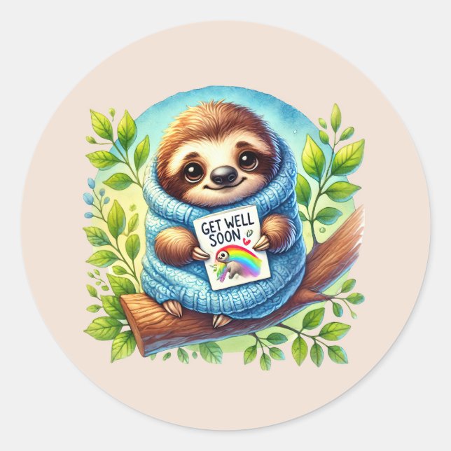 Cute get well soon sloth  classic round sticker (Front)