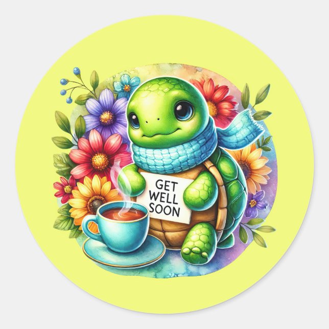 Cute get well soon turtle classic round sticker (Front)