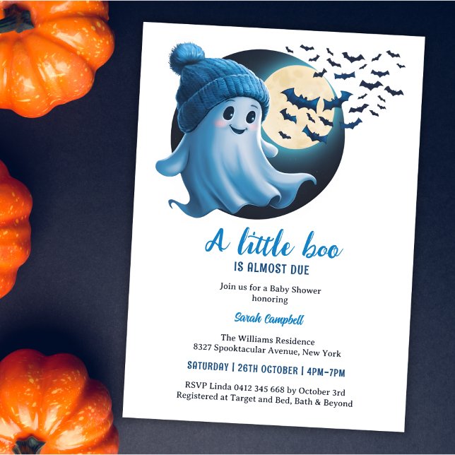 Cute Ghost A Little Boo Halloween Boy Baby Shower Invitation (Cute Ghost A Little Boo Is Almost Due Blue Halloween-Themed Boy Baby Shower Invitation)