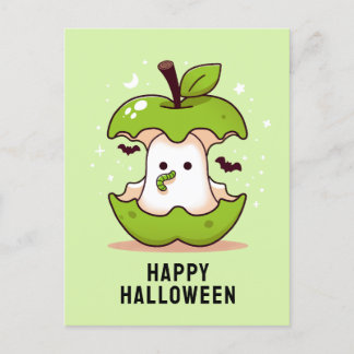 Cute Ghost and Apple Green Halloween postcard