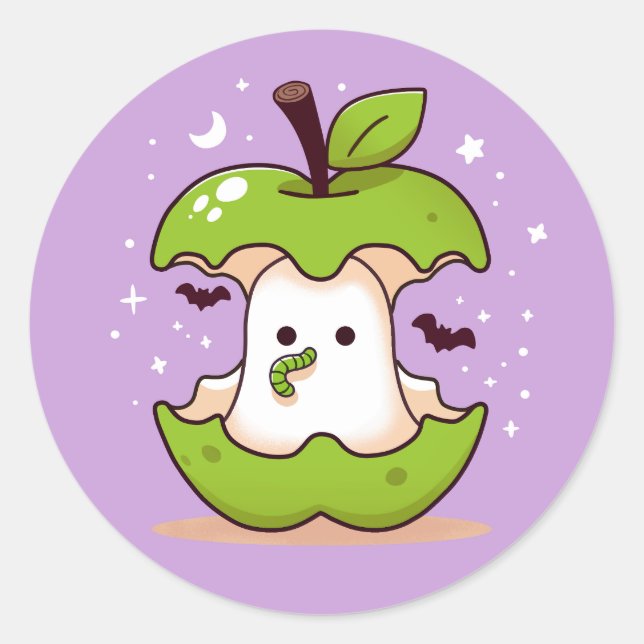Cute Ghost and Apple Purple Halloween Classic Round Sticker (Front)