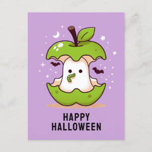 Cute Ghost and Apple Purple Halloween postcard