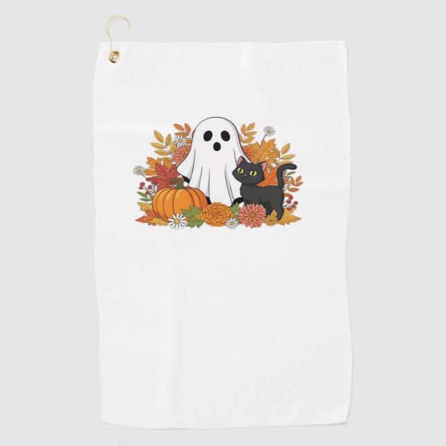 Cute Ghost and Black Cat Classic T-Shirt Golf Towel (Front)