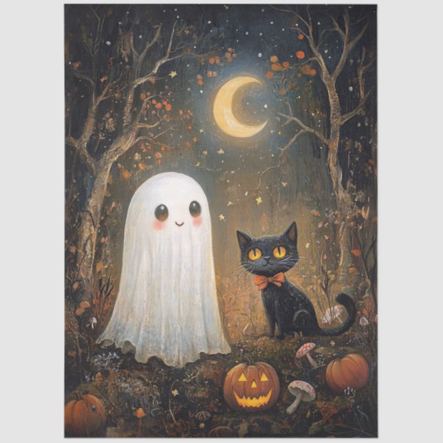 Cute Ghost and Black Cat Halloween Decoupage Tissue Paper (Front)