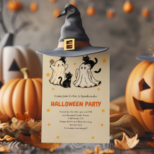 Cute Ghost and Black Cat Halloween Party Invitation