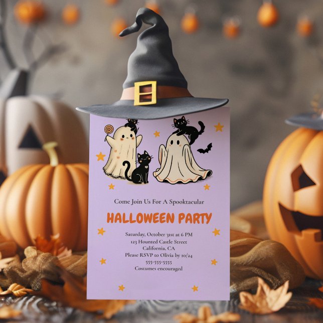 Cute Ghost and Black Cat Halloween Party Invitation (Cute Ghost and Black Cat Halloween Party Invitation with funny halloween decoration and a witch hat)
