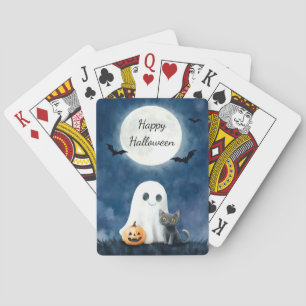 Cute Ghost and Black Cat Halloween Playing Cards