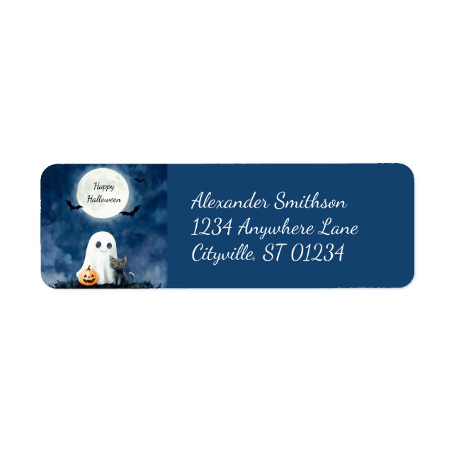 Cute Ghost and Black Cat Halloween Return Address Label (Front)