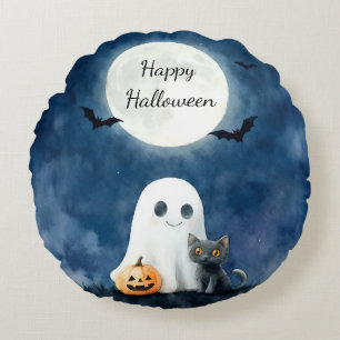 Cute Ghost and Black Cat Halloween Round Cushion