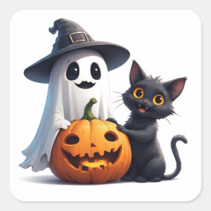 Cute Ghost And Black Cat Halloween 🎃 Square Sticker