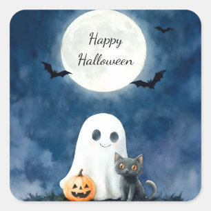 Cute Ghost and Black Cat Halloween Square Sticker