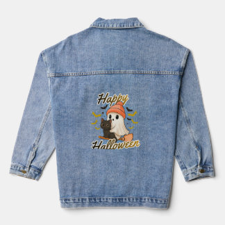 Cute Ghost And Black Cat Happy Halloween Denim Jacket