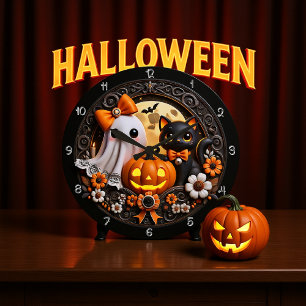 Cute Ghost and Black Cat Large Clock