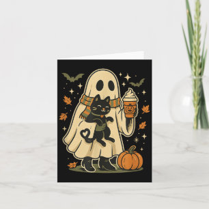 Cute Ghost And Black Cat Pumpkin Coffee Halloween Card