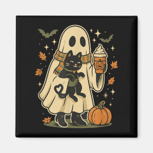 Cute Ghost And Black Cat Pumpkin Coffee Halloween Magnet