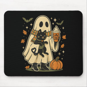 Cute Ghost And Black Cat Pumpkin Coffee Halloween Mouse Pad