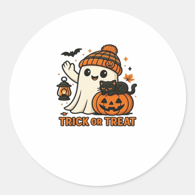 Cute Ghost and Black Cat Trick or Treat Classic T- Classic Round Sticker (Front)