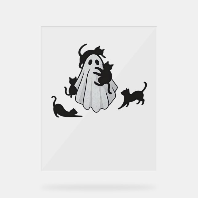 Cute Ghost and Black Cats Classic T-Shirt Acrylic Sign (Front)