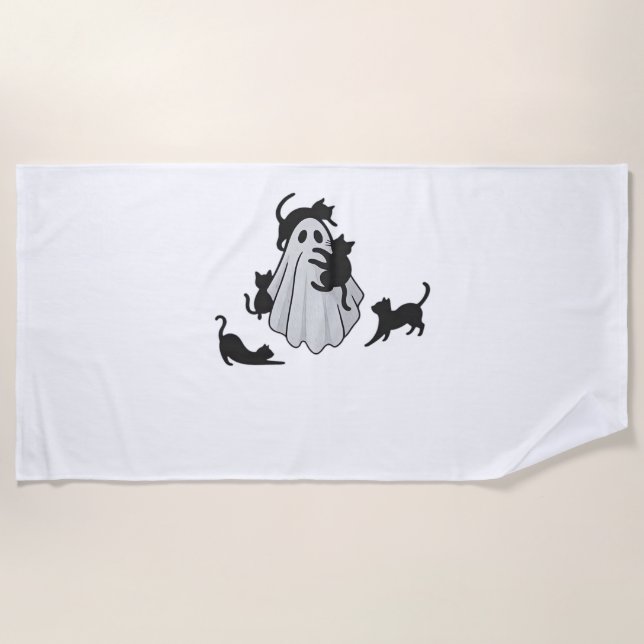 Cute Ghost and Black Cats Classic T-Shirt Beach Towel (Front)