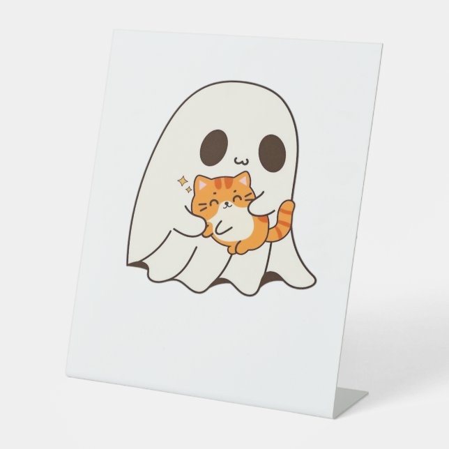 Cute ghost and cat, Gift Halloween Classic T-Shirt Pedestal Sign (Front)