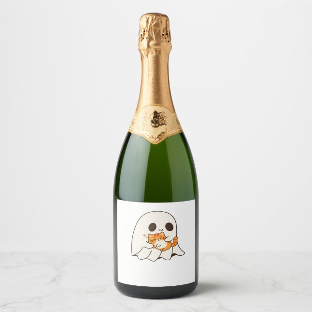 Cute ghost and cat, Gift Halloween Classic T-Shirt Sparkling Wine Label (Front)