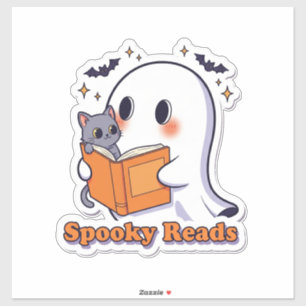 Cute Ghost and Cat Sticker – Spooky Reads Hallowee