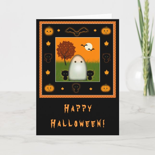 Cute Ghost and Cats Halloween Card (Front)