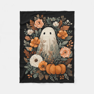 Cute Ghost And Fall Pumpkin Floral Spooky Hallowee Fleece Blanket