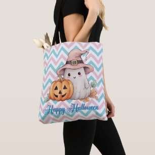 Cute Ghost and Jack-O' Lantern Happy Halloween Tote Bag