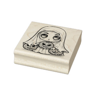Cute Ghost and Jack-o-lanterns Rubber Stamp