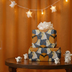 Cute Ghost and Moon in Navy and Orange Wrapping Paper