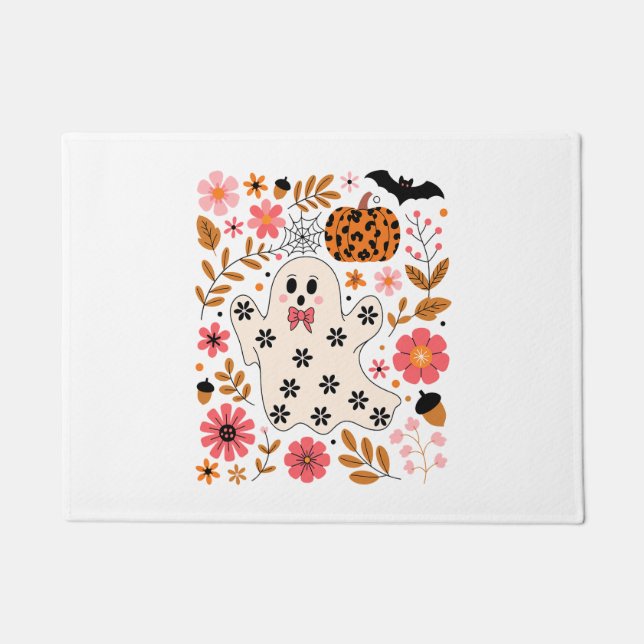 Cute Ghost and Pumpkin Floral Spooky Doormat (Front)