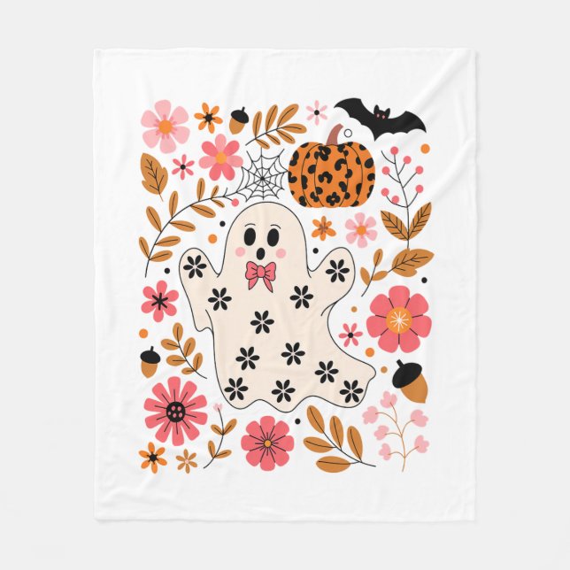 Cute Ghost and Pumpkin Floral Spooky Fleece Blanket (Front)