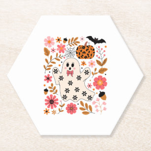 Cute Ghost and Pumpkin Floral Spooky Paper Coaster