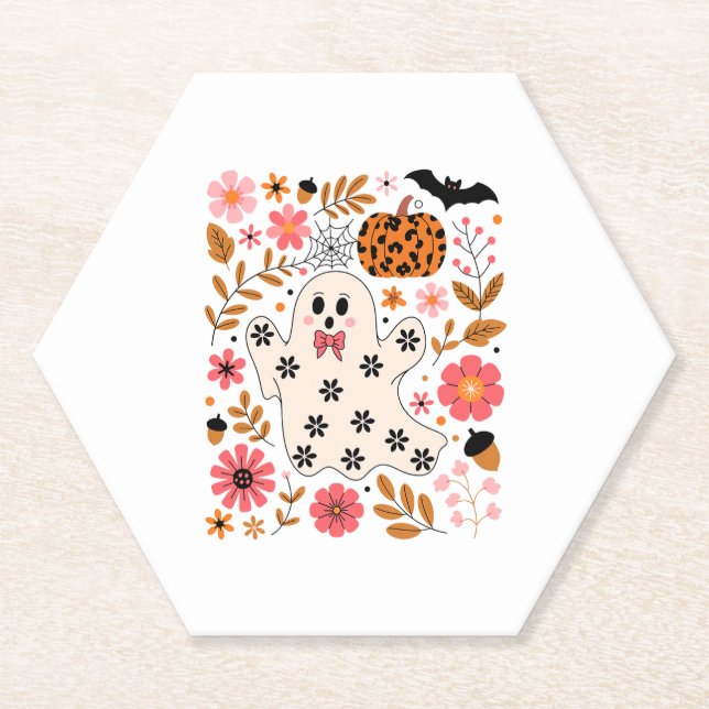 Cute Ghost and Pumpkin Floral Spooky Paper Coaster (Front)