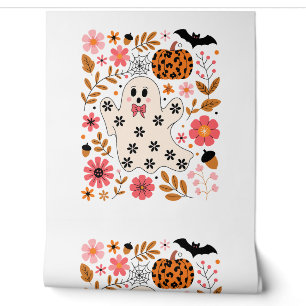 Cute Ghost and Pumpkin Floral Spooky Wallpaper