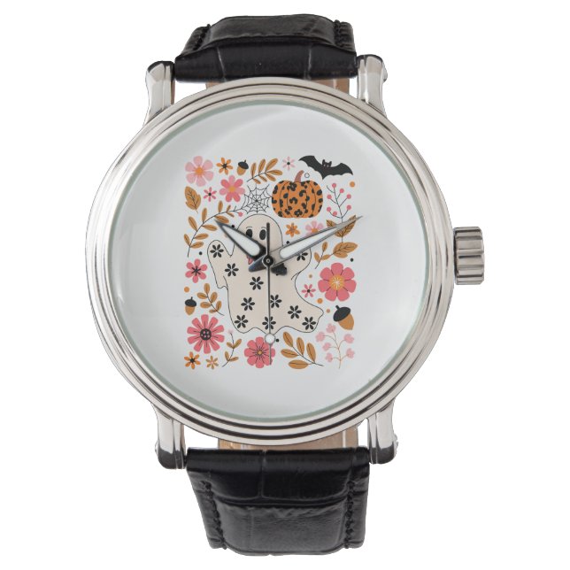 Cute Ghost and Pumpkin Floral Spooky Watch (Front)
