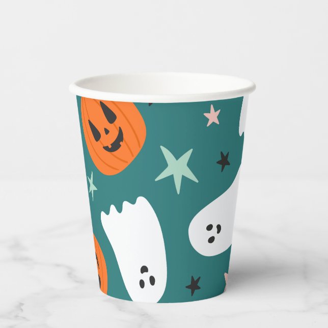 Cute Ghost and Pumpkins Halloween Paper Cup (Front)