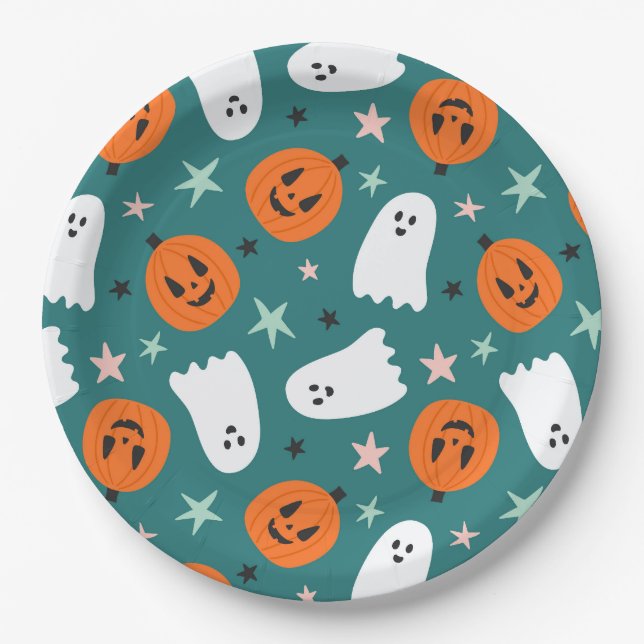 Cute Ghost and Pumpkins Halloween Paper Plate (Front)