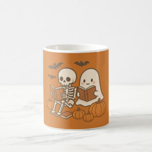 Cute Ghost and Skeleton Reading with Pumpkins Coffee Mug