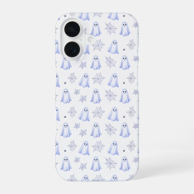 Cute Ghost and Spider Web Halloween Pattern iPhone 16 Case (Back)