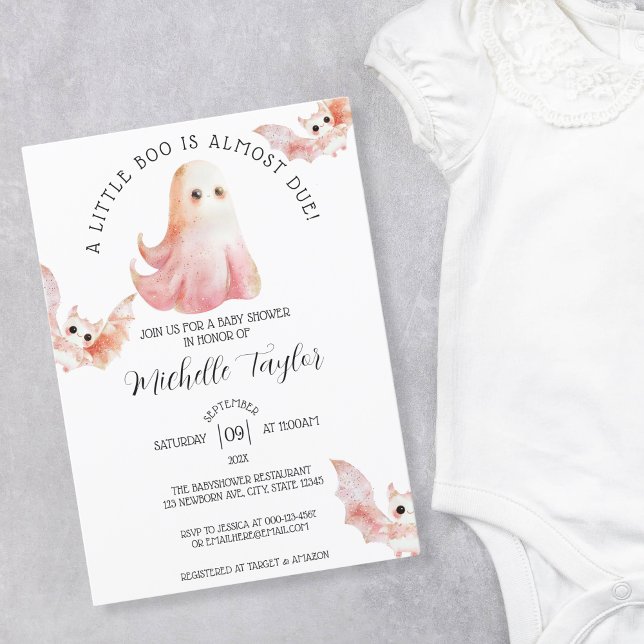 Cute Ghost Bat Little Boo Girl Baby Shower Invitation (pink watercolor ghost and bat)