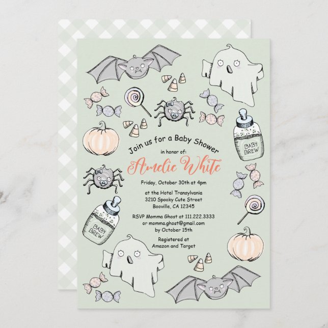 Cute Ghost, Bat & Spider Halloween Baby Shower Invitation (Front/Back)