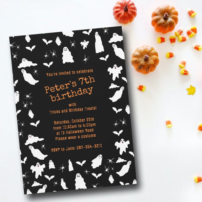 Cute Ghost, Bats & Spiders Halloween Birthday Invitation (Cute Ghost, Bats & Spiders Halloween Birthday Invitation)