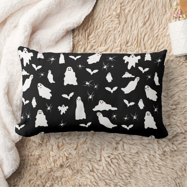 Cute Ghost, Bats & Spiders Halloween Pattern Lumbar Cushion (Blanket)