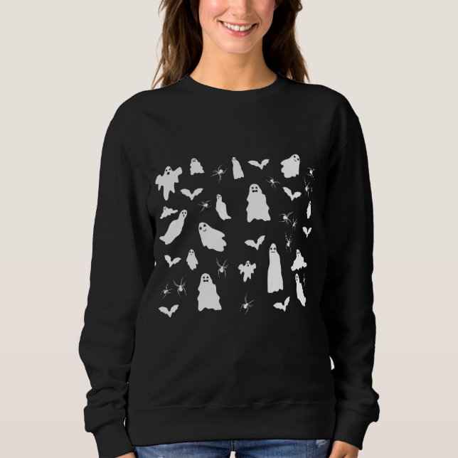 Cute Ghost, Bats & Spiders Halloween Pattern Sweatshirt (Front)